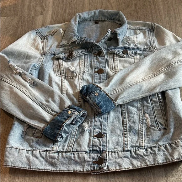 Kut from the Kloth Light Blue Distressed Jean Jacket - Picture 1 of 16